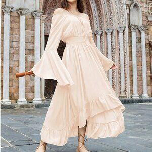 Women Long Sleeve High-Lo Off Shoulder Ruffle Dress with Bell Sleeves Size M